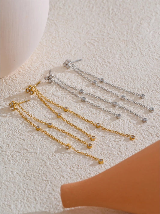 Zirconia long tassel hanging drop earrings - product image