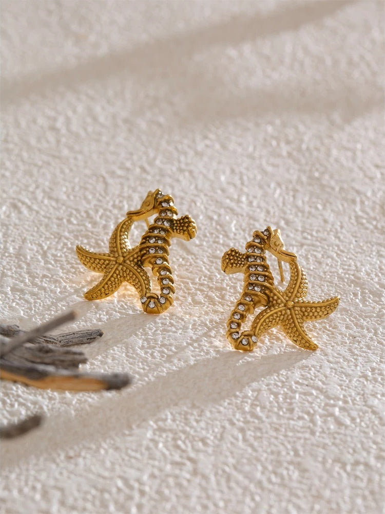 Zirconia starfish seahorse necklace earring set - product image