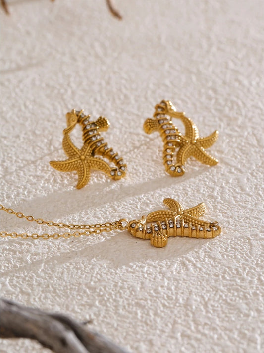 Zirconia starfish seahorse necklace earring set - product image