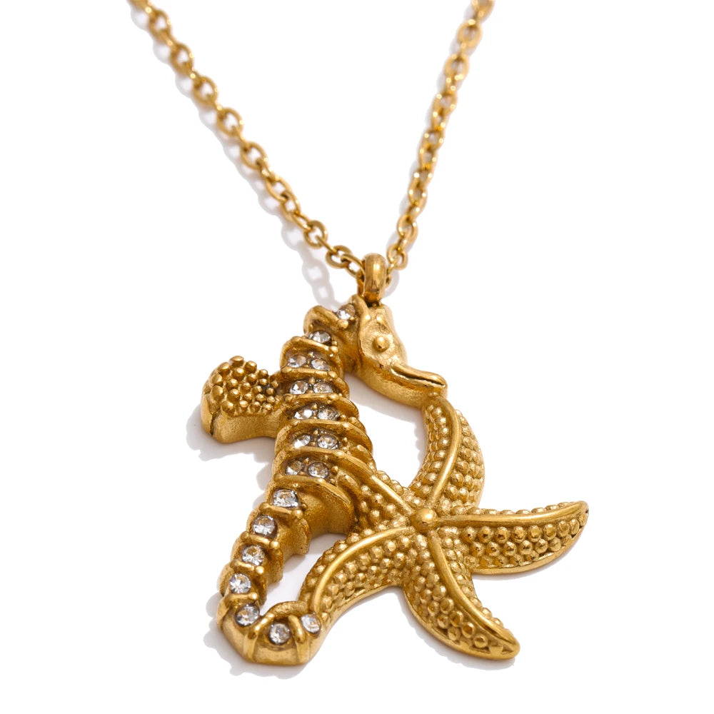 Zirconia starfish seahorse necklace earring set - product image