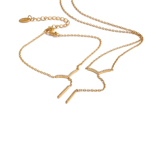 Zirconia v-shape drop chain necklace bracelet set - product image