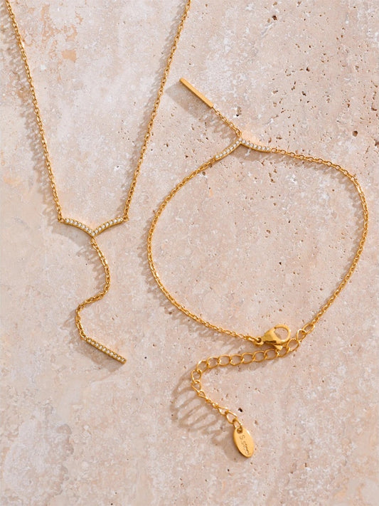Zirconia v-shape drop chain necklace bracelet set - product image