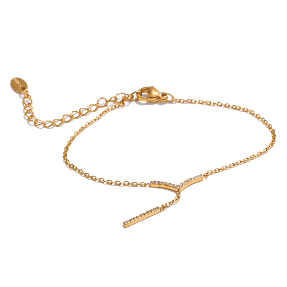Zirconia v-shape drop chain necklace bracelet set - product image